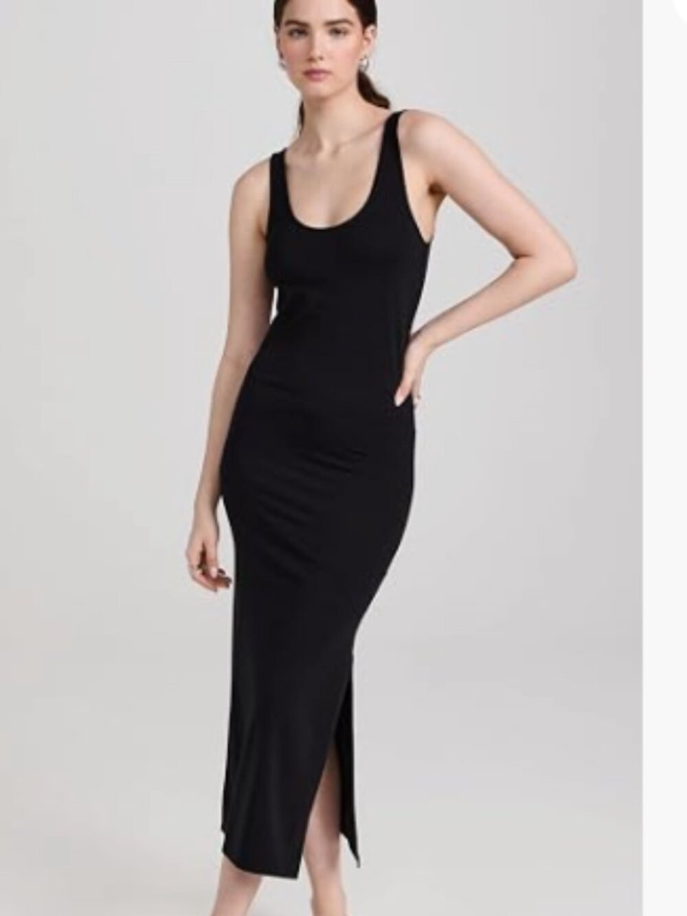 Sleeveless slim-fit midi dress with a U-neckline, Asymmetric seams, side slit